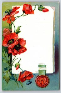 Flower Greetings~Poppies On White Msg Paper~Red Wax Seal~c1910 Vintage Postcard