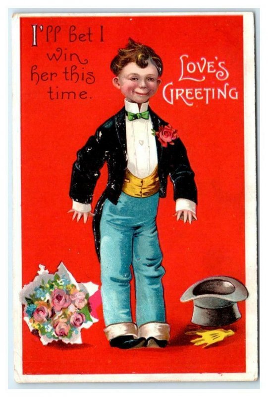 VALENTINE Greeting ~ Young DRESSED UP  SUITOR 1911 Unsigned Clapsaddle Postcard