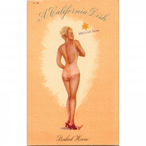 BAKED HAM - A California Dish - Vintage Pin-up Linen Postcard - Pretty Girl