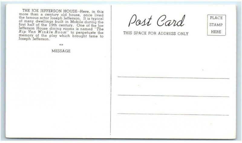 MOBILE, AL Alabama ~ Roadside  Historic JOE JEFFERSON HOTEL c1950s  Postcard