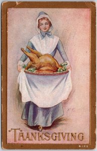 1912 Thanksgiving Pretty Maiden Bringing a Turkey Dish Posted Postcard