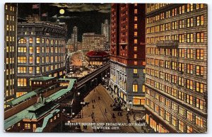 Greeley Square & Broadway By Night New York City NYC Moonlight View Postcard