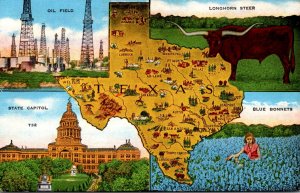 Texas State Map With Oil Field Longhorn Steer State Captiol and Blue Bonnets