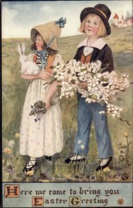 Tuck Oilette Easter Greetings No 1022 Little Girl and Boy c1910 Vintage Postcard