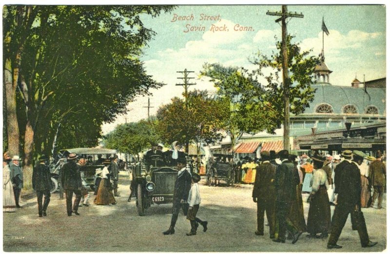 Savon Rock CT Busy Beach Street Old Cars Postcard