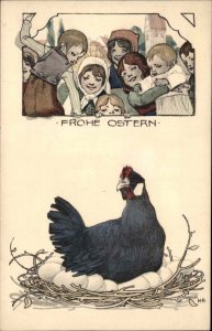 Easter Hen Sits on Eggs Group of Children Theo Stroefer c1900s-10s Postcard