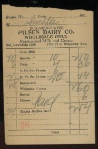 c1925 CHICAGO IL PILSEN DAIRY CO. RIDGEWAY AVE WHOLESALE ONLY INVOICE 31-58