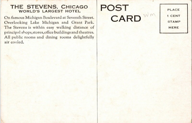 The Stevens Chicago Illinois Vintage BW Linen Postcard Hotel Michigan Vtg UNP 