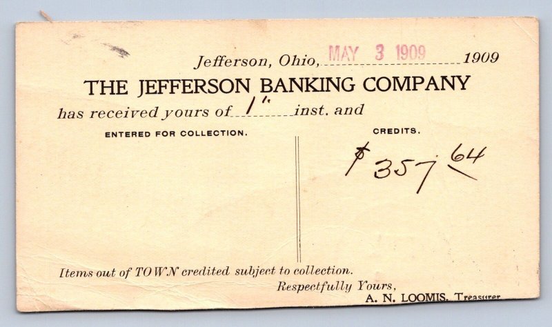 J93/ Jefferson Ohio Postcard 1909 Banking Co Bank Statement 122