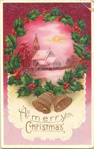 Vintage 1900s German A Merry Christmas Church Holly Bells Lithograph Postcard