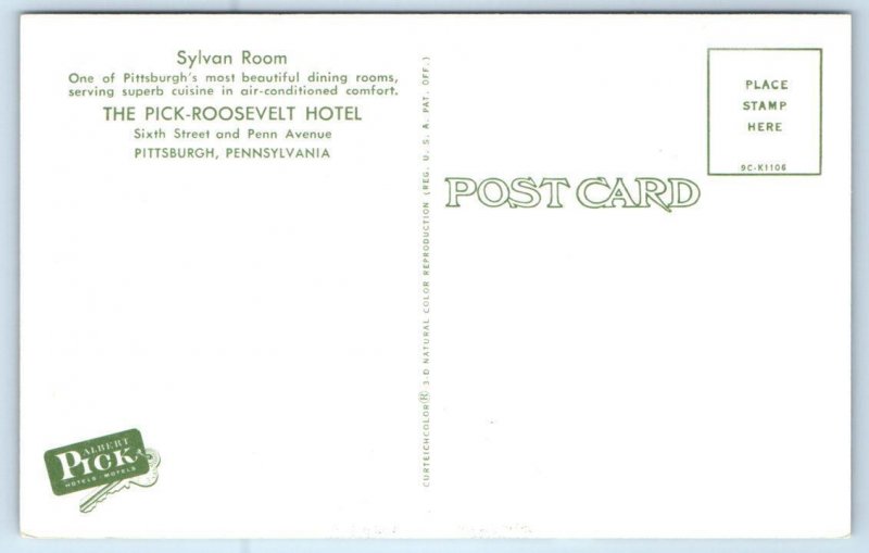PITTSBURGH, PA Pennsylvania ~ Roadside SYLVAN ROOM Pick-Roosevelt Hotel Postcard