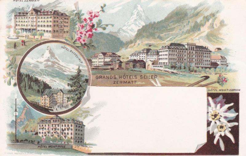 Zermatt - Nice Early Embossed Chromo Postcard showing Grand Hotels