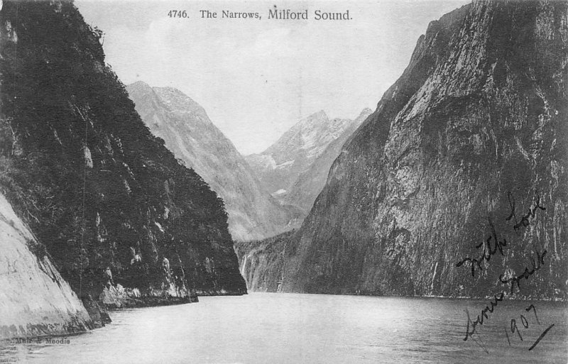 THE NARROWS MILFORD SOUND NEW ZEALAND TO OGDEN UTAH STAMP POSTCARD 1907