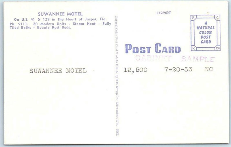 JASPER, Florida FL   Roadside SUWANNEE MOTEL  Hamilton County 1953  Postcard