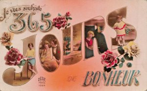 JE VOUS SOUHAITE 365 JOURS DE BONHEUR~1925 FRENCH MULTI CHILDREN PHOTO POSTCARD