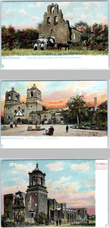 3 Tuck Postcards  SAN ANTONIO, TX  Missions San Jose, Concepcion, San Francisco