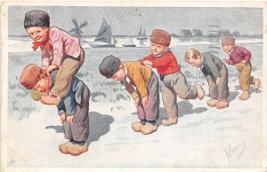 H32/ K. Feiertag Artist Signed Postcard c1910 Kids Playing Leap Frog 5