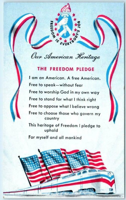 1948 FREEDOM TRAIN Postcard THE FREEDOM PLEDGE Flags Freedom is Everybodys Job