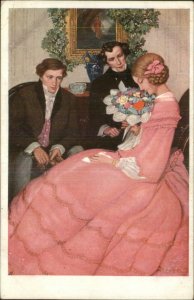 Romance Beautiful Young Woman Pink Dress Flowers 2 Men Suitors Postcard