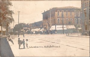 RPPC View on Columbus Avenue, Bellefontaine OH Businesses Vintage Postcard M54