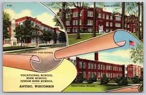 Antigo Wisconsin~Junior & Vocational High Schools Multi-View~Vtg Linen Postcard