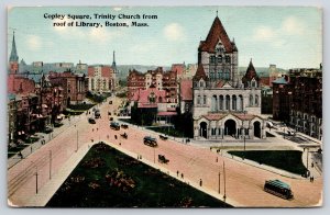 Boston MA~Copley Square & Trinity Church From Library Roof~Streetcars~Vtg PC