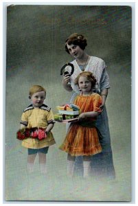 c1910's Merry Christmas Mother And Children Horseshoe Gel Antique Postcard