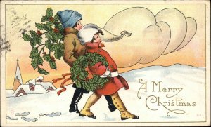 Christmas Boy and Girl Stroll in Snow c1910 Vintage Postcard