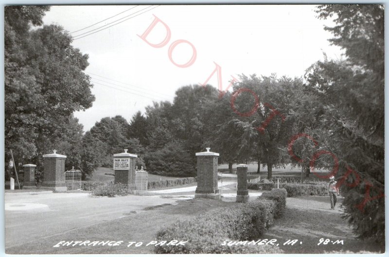 c1950s Sumner, IA RPPC Entrance to City Park Gate Rules Sign Real Photo PC A109