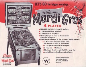 Mardi Gras Pinball Flyer Game Art Print Sheet 1962 Retro Artwork