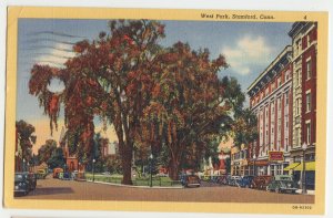 P2995, 1948 postcard old cars etc west park scene stamford conn