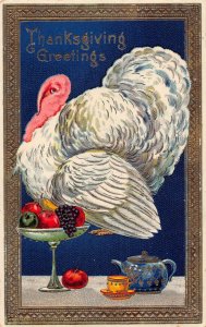 Thanksgiving Greeting Turkey Fruits Teapot Poultry vintage postcard B989