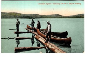 Starting Out for a Day's Fishing, Canadian Sports, Canoes at Log Dock, U...