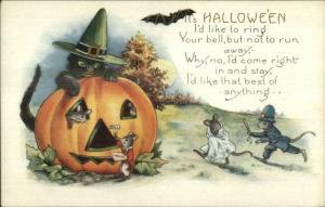 Halloween Black Cat Witch Hat Mouse Police Whitney c1910 Postcard