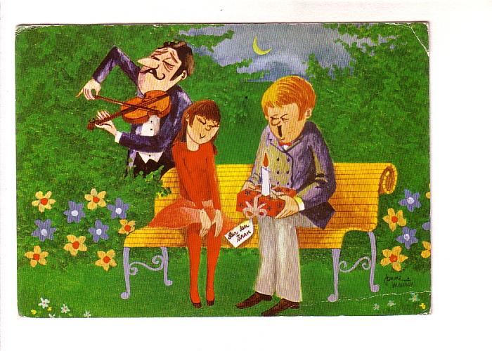 Janne Waitiu, Couple on Outdoor Bench with Man Playing Violin, Ingvar Larson ...