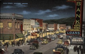 Medford Oregon OR Main Street Scene at Night Vintage Postcard