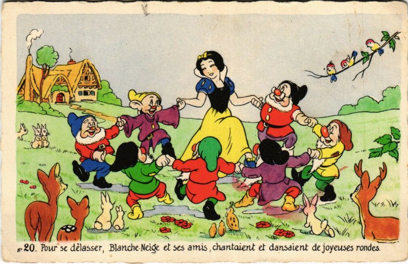 PC CPA DISNEY, SNOW WHITE DANCING WITH THE DWARFS, VINTAGE POSTCARD (b15152)