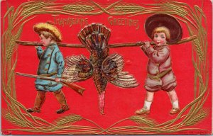 Thanksgiving Greetings Children Gun Turkey Red Wheat Embossed Postcard E70