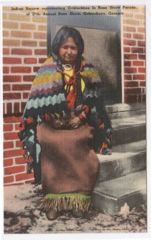 Ochlocknee Native American Indian Woman Rose Parade Georgia linen postcard