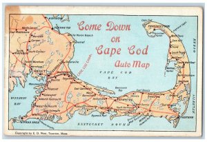 Greetings Come Down On Cape Cod Auto Map Massachusetts MA Vintage Postcard 