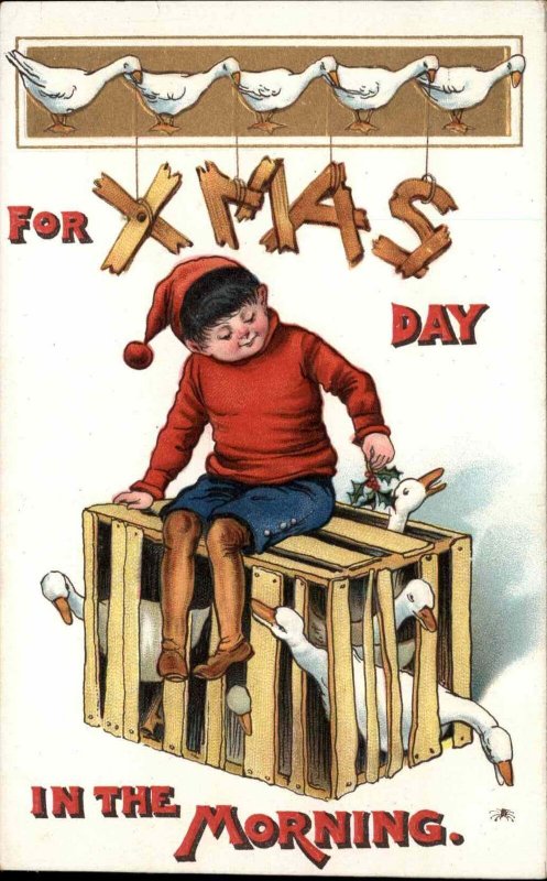 Christmas Little Boy on Crate of Geese c1910 Vintage Postcard