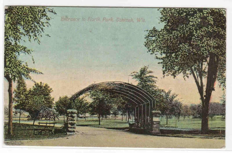 North Park Entrance Oshkosh Wisconsin WI 1912 postcard