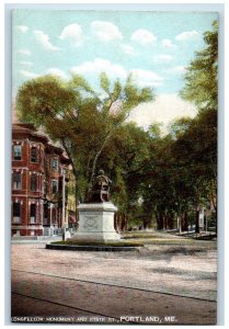 c1905 Longfellow Monument State Lined Trees Horse Carriage Portland ME Postcard