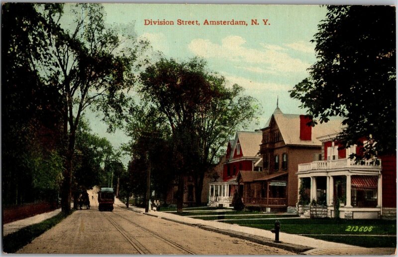 View Looking Down Division Street Streetcar Tracks Amsterdam NY Vtg Postcard S15