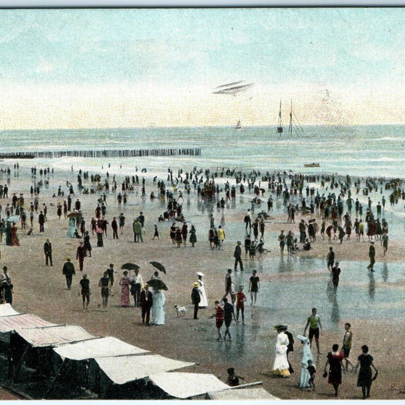 1909 Atlantic City, NJ Beach Steel Pier Litho Photo Postcard Sailboat People A35