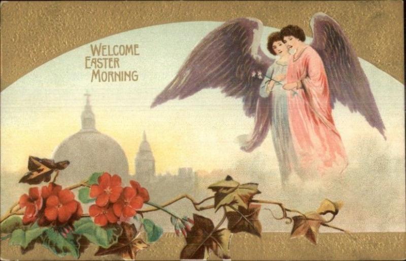 Easter Angels Over City Gold Border c1910 Postcard EXC COND 