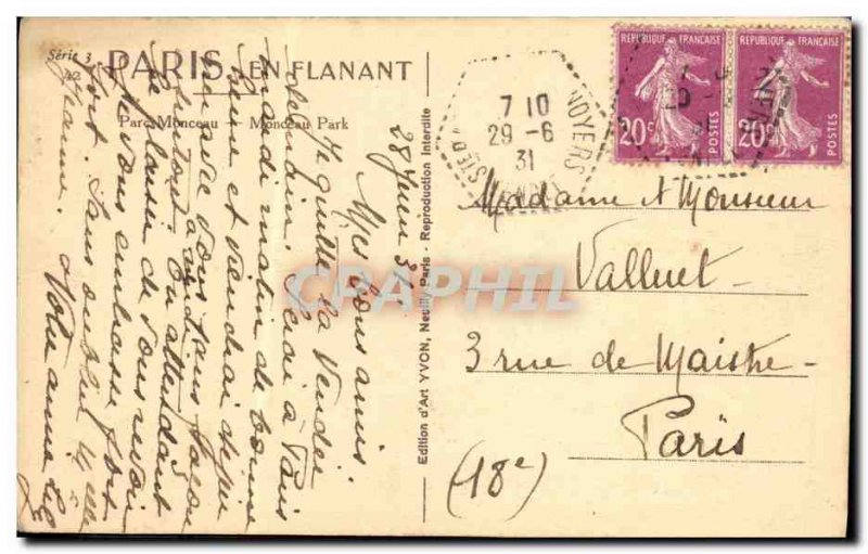 Old Postcard Paris Parc Monceau