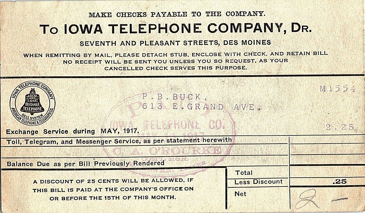 Iowa Telephone Company Vintage May, 1917 Invoice Ephemera Other