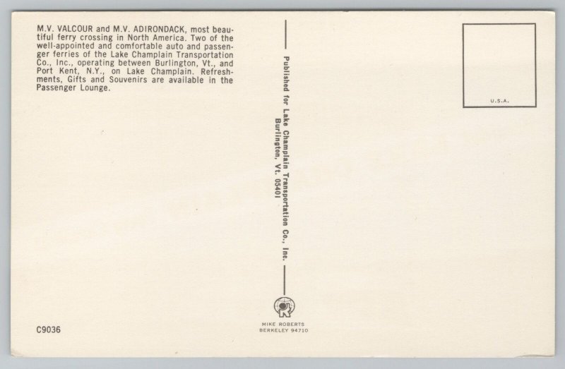 Transportation~MV Valcour & Adirondack Lake Champlain Ferrys~Vintage Postcard 