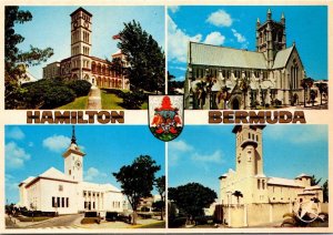 VINTAGE CONTINENTAL SIZE POSTCARD MULTIPLE VIEWS OF HAMILTON BERMUDA STAMPS 1984